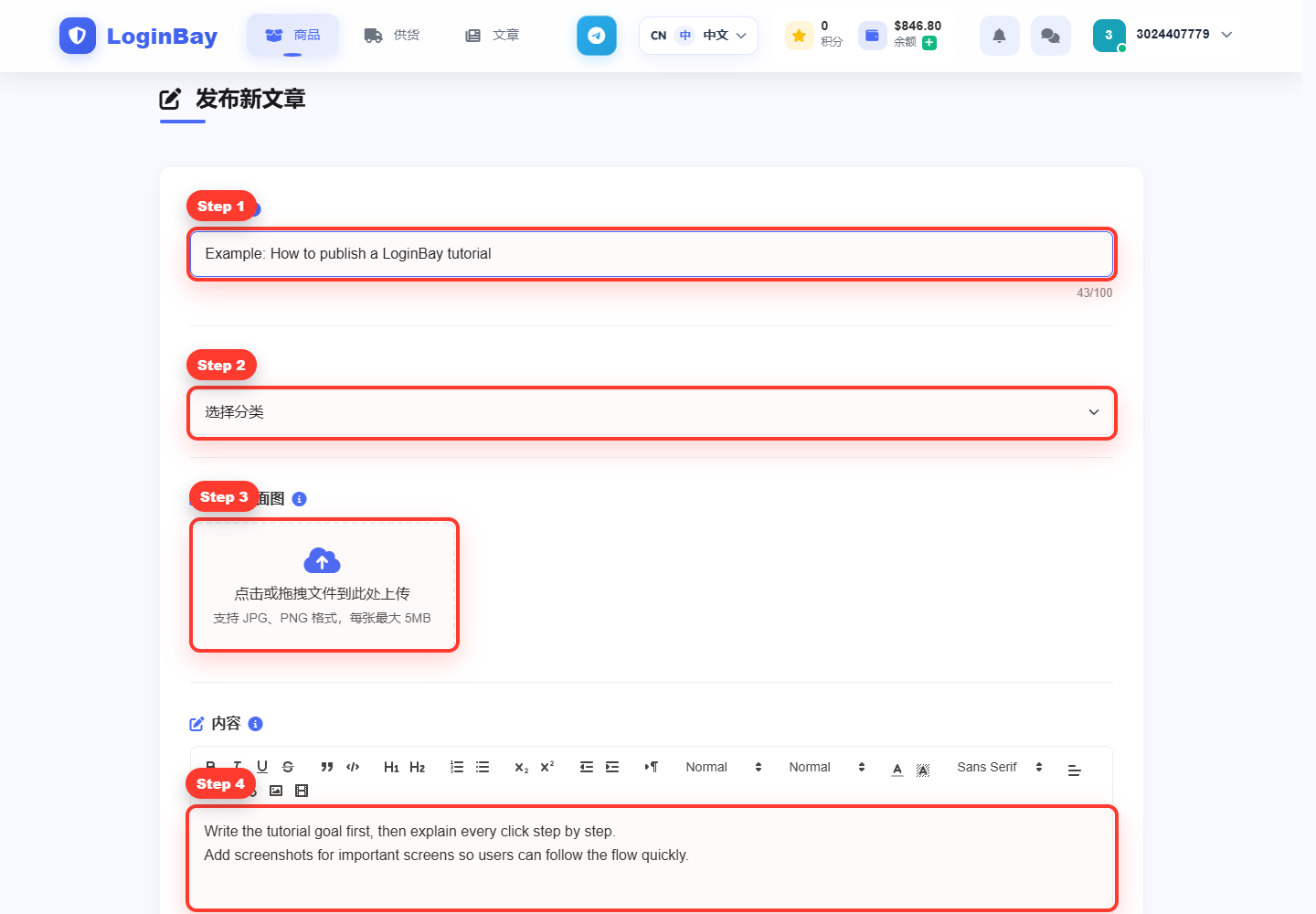 图 1:发布文章页面,红色 Step 标记了标题、分类、封面和正文区域。